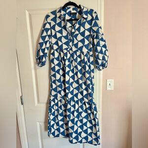 Anthro-inspired Rachel Zoe Blue and White Geometric Pattern Dress